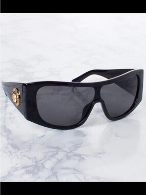 Black Shield Sunglasses with Gold Accent - Women Accessories